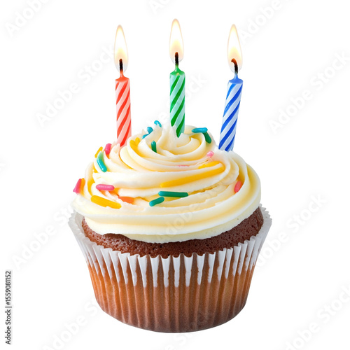 Delicious cupcake with three lit candles and colorful sprinkles a sweet birthday treat