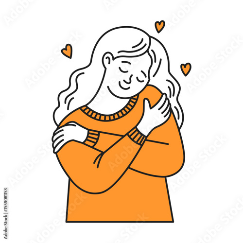 Illustration of a woman in orange embracing herself joyfully. She represents selflove and acceptance with hearts around. Simple lines and vibrant colors enhance the positive emotion.