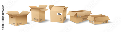 Illustration of various cardboard boxes in brown tones. Includes open and closed boxes of different sizes. Useful for packaging designs and logistics concepts.