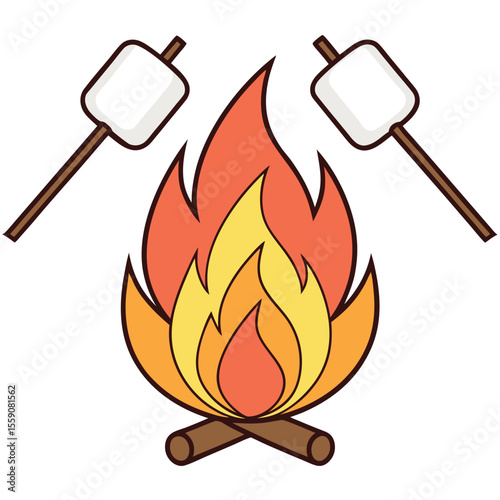 Campfire with two marshmallows on sticks isolated on white background