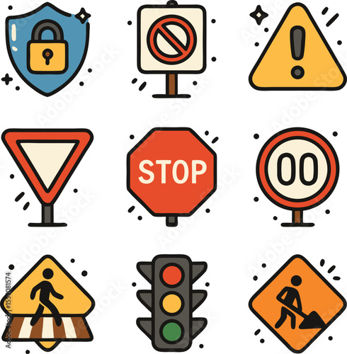 Collection of traffic signs and symbols displaying road safety and security measures for drivers and pedestrians