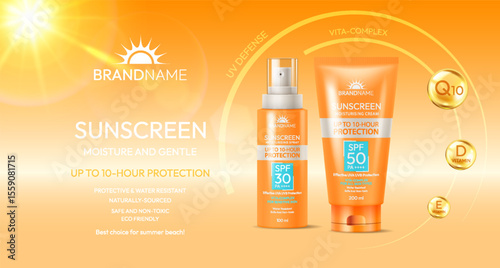 Sunscreen products with SPF on gradient orange background. Highlighting UV protection. Suitable for summer use. Promotes moisture and skin care benefits.