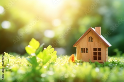 Small wooden house model placed on lush green moss, representing eco friendly living and sustainable housing concepts