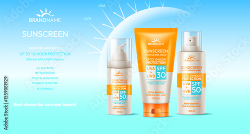Display of sunscreen products with SPF 30 and SPF 50. Bright blue background. Emphasizes protection from UVA and UVB rays. Perfect for summer beach use.