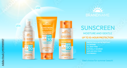Illustration of a sunscreen product line displayed against a bright blue sunny background. Featuring SPF protection, these products offer up to 10hour UV defense, ideal for beach days.