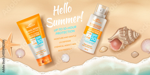 Illustration of sunscreen products on sandy beach with seashells. Bright summer colors highlight skincare protection. Ideal for summer advertising and skincare promotions.