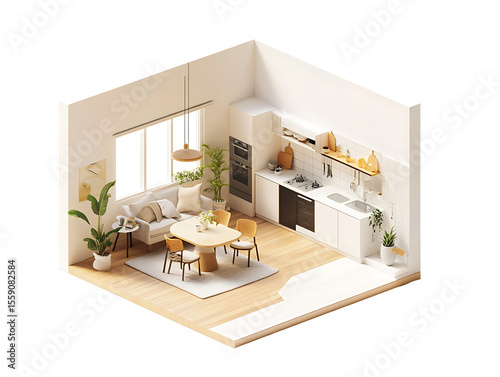 Modern Living in Harmony: An isometric view captures a seamlessly integrated kitchen and living room space, a serene blend of modern design and natural elements.