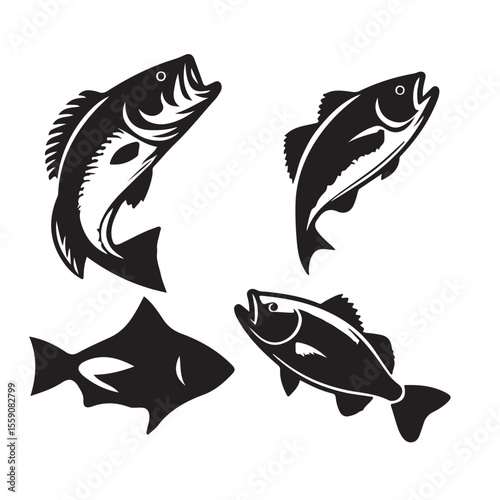 Collection of four black silhouette fish designs on a white background