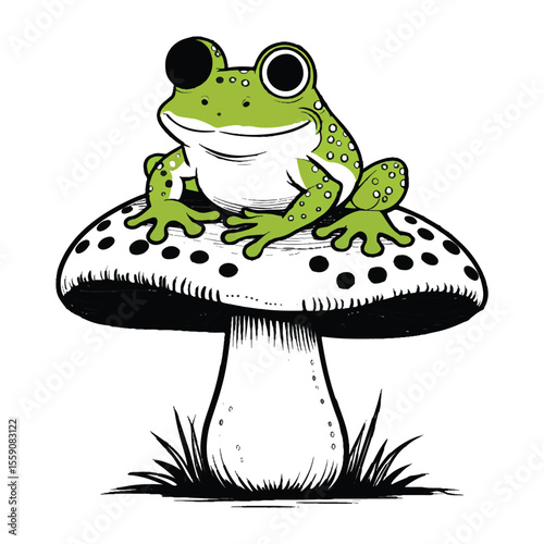 A cheerful green frog sits atop a spotted mushroom, isolated on white background