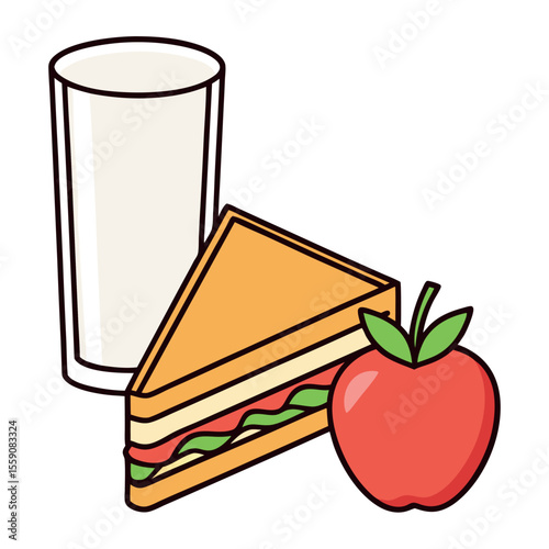 Healthy lunch meal with sandwich apple and milk isolated on white background