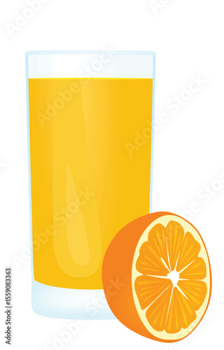 Orange juice with a fresh oranges beside the glass, vector	