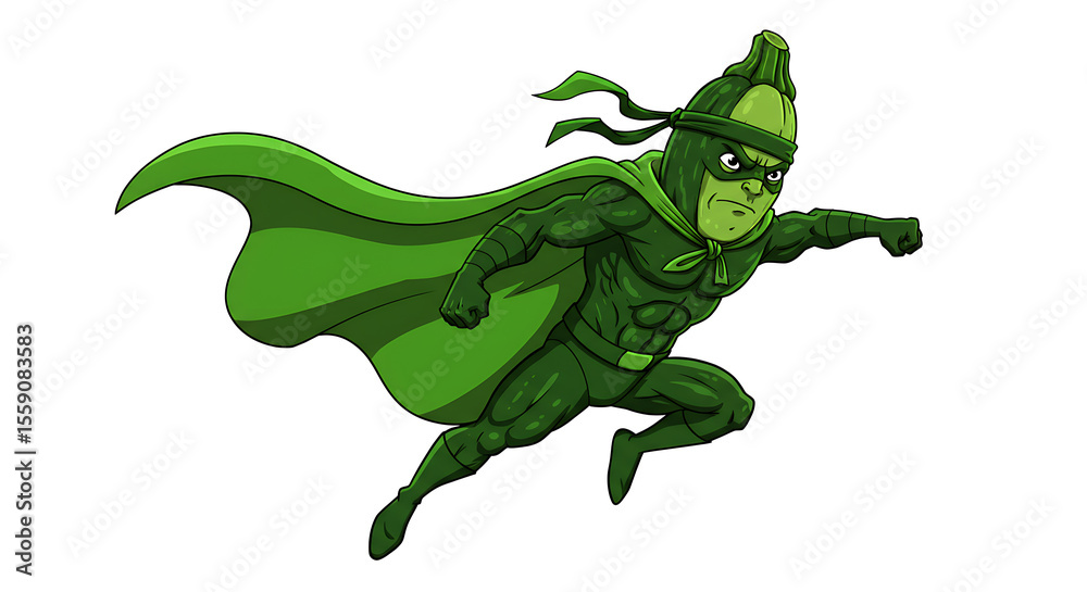 Fototapeta premium A zucchini ninja superhero, wearing a green cape and black headband, jumping in mid-air with heroic energy, isolated on white.