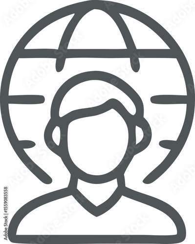 Person with global network outline icon showcasing international connection and worldwide communication concepts represented in a simple vector design