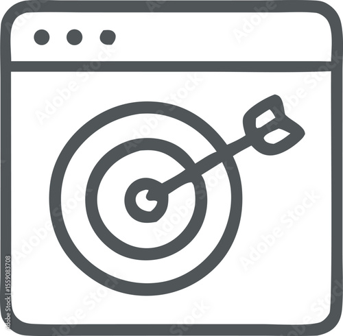 Website display with bullseye and arrow pointing to target center, success in digital marketing strategy