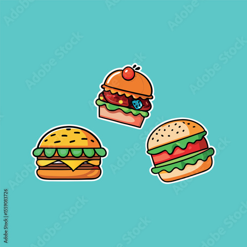 Fast-food stickers. Cartoon junk food snack labels, unhealthy meal with French fries pizza burger sandwich hot dog ice cream food, restaurant menu elements