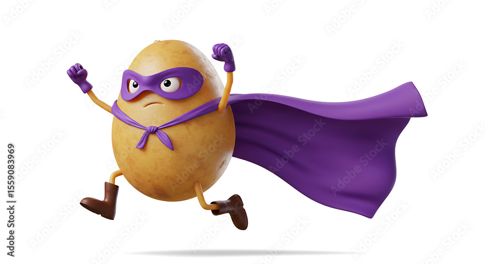 Fototapeta premium A potato superhero with round body, purple cape, and tiny boots, jumping forward with a brave face, PNG on white.