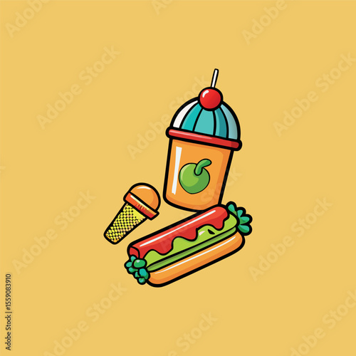 Fast-food stickers. Cartoon junk food snack labels, unhealthy meal with French fries pizza burger sandwich hot dog ice cream food, restaurant menu elements
