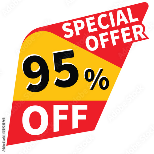 95% percent off discount promotion tag illustration, offer sale banner, big sales offer design in typography, vector icon in transparent background