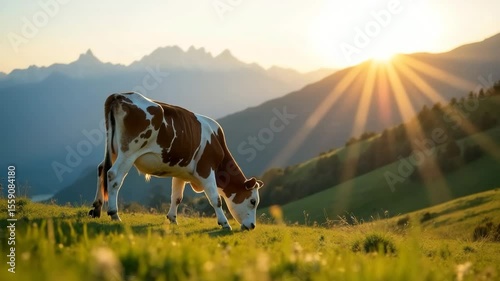 A brown and white cow grazes in a green meadow under a bright sunrise. Mountains are visible in the background, creating a serene rural landscape.