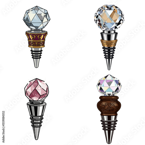 Set of decorative wine bottle stoppers with crystal top, isolated objects on transparent background