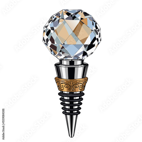 Crystal wine bottle stopper with gold detailing and silver base  