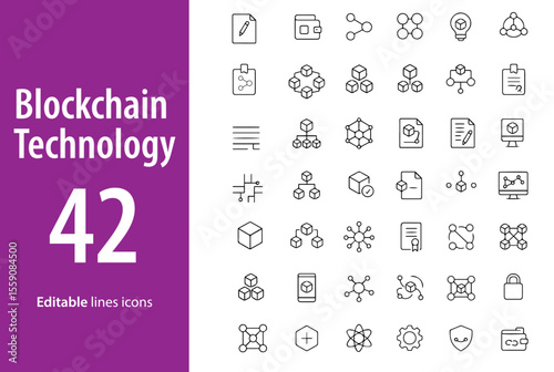 Blockchain Technology Line Icons, Chain Link, Ledger, Smart Contract, Token, Crypto Network, Mining, and More , Editable Formats: AI, EPS, JPG, PNG , Ideal for Both Digital and Print Use