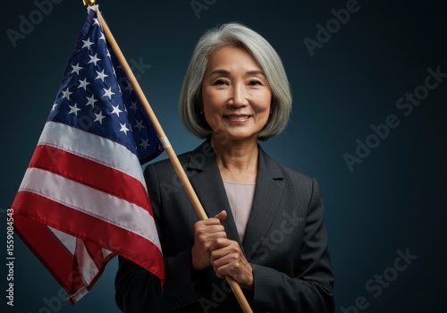 An asian woman holds an american flag in a studio