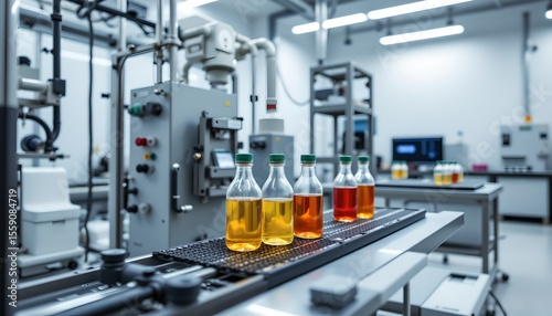 Bottling process showcase industrial lab photography controlled environment close-up view liquid innovation