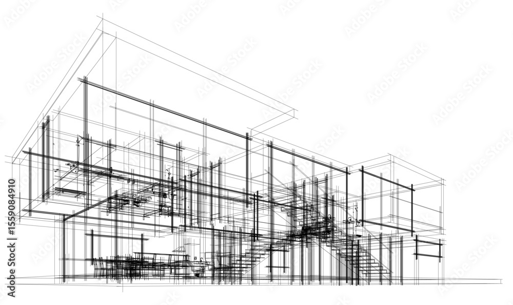 Fototapeta premium Modern house building sketch architectural 3d rendering