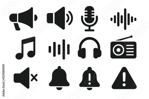 Black set of 12 sound icons. Minimal vector for broadcast, alert, and voice themes.
