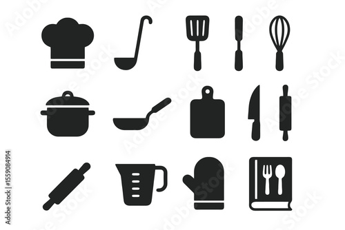 12 black cooking icons. Solid vector for kitchen, chef, and culinary tools.