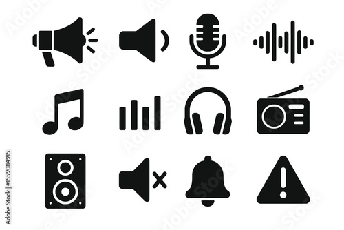 12 black audio icons. Solid vector for sound, music, and communication design.