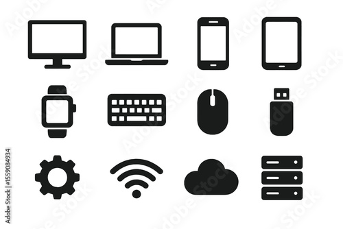 Black set of 12 gadget icons. Minimal vector for office, online, and technology.