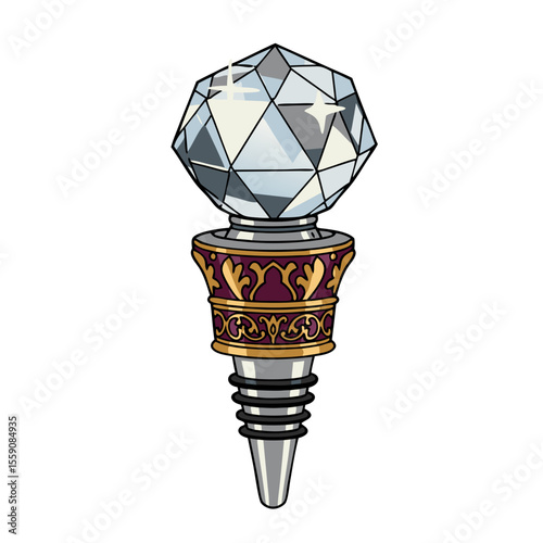Vector illustration of decorative wine bottle stopper with crystal lid featuring ornamental pattern
