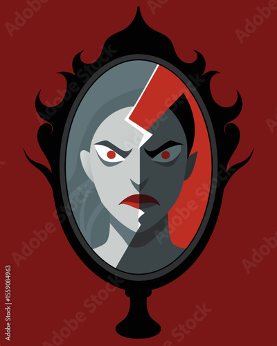 The mirror reveals a face etched with constant anger and bitterness a reminder of the toxic traits I battle with.. Vector illustration