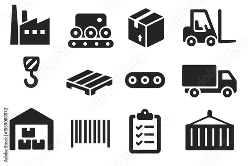 12 black industry icons. Solid vector for logistics, manufacturing, and shipping.