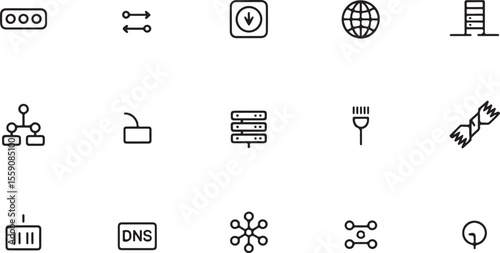 Network Icons Server, DNS, Connection, and Global Network Infrastructure Line Art