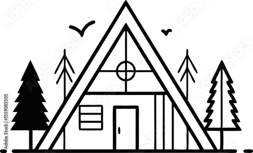 Modern A Frame Cabin in the Woods Single Line Drawing