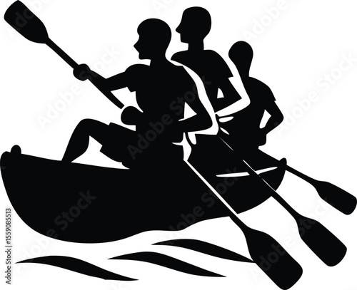 Rafting Team on River Vector Silhouette of Adventure Sports Canoe Group Paddling in Whitewater Design