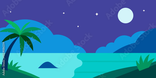 Tropical Sea Bay Moonlit Night Sky