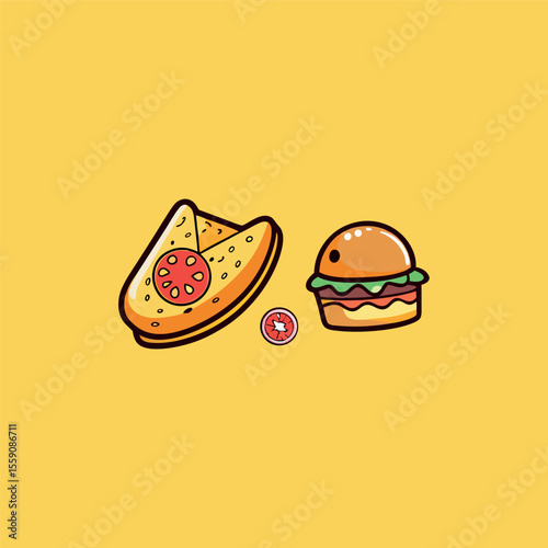 Fast-food stickers. Cartoon junk food snack labels, unhealthy meal with French fries pizza burger sandwich hot dog ice cream food, restaurant menu elements