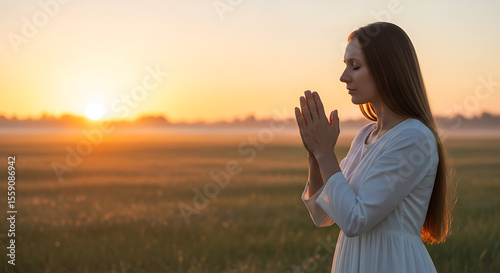 A woman is praying during sunrise in a golden field.
