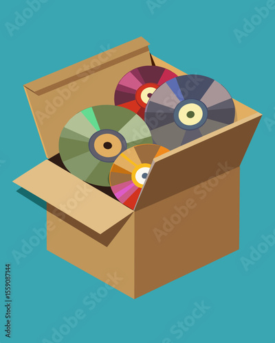 A cardboard box overflowing with scratched and unreadable CDs once beloved by their owner now discarded and forgotten.. Vector illustration
