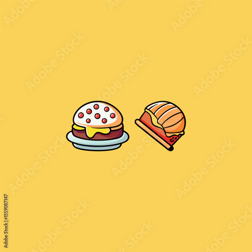 Fast-food stickers. Cartoon junk food snack labels, unhealthy meal with French fries pizza burger sandwich hot dog ice cream food, restaurant menu elements