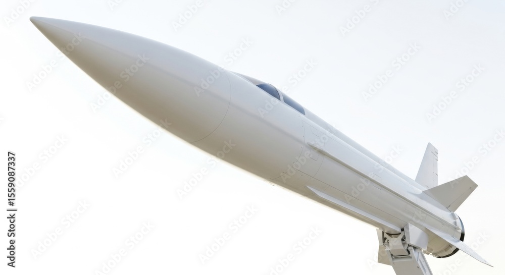 Fototapeta premium A sleek, white hypersonic missile or advanced aircraft with a sharp nose cone, poised for flight against a bright, clear sky, representing cutting-edge aerospace technology.