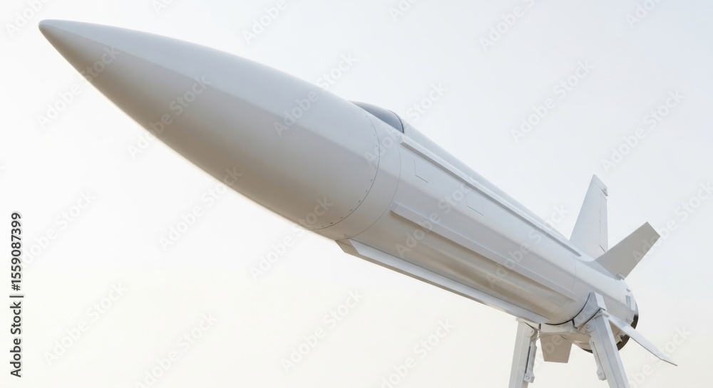 Obraz premium A white, futuristic hypersonic missile or experimental aircraft with a sharp, pointed nose, presented against a bright, clear sky, symbolizing innovation and speed in aerospace.