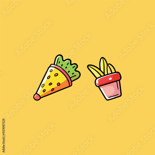 Fast-food stickers. Cartoon junk food snack labels, unhealthy meal with French fries pizza burger sandwich hot dog ice cream food, restaurant menu elements