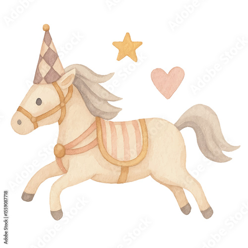Vector minimalist watercolor illustration of a circus pony unicorn, designed in soft pastel tones. For cards, posters, baby shower invitations, kids product designs. 