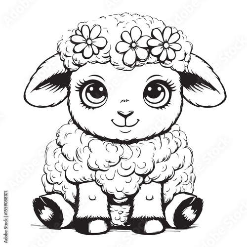 A cute fluffy lamb with a flower wreath on its head isolated on white background