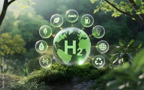 A vibrant green planet with H2 symbol shines surrounded by energy and environment icons in a lush forest background for sustainable future concepts.